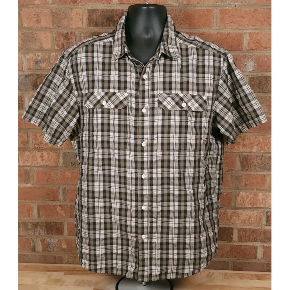 Mountain Hardwear Short Sleeve Plaid Button Down Shirt Mens Large Gray Brown‎